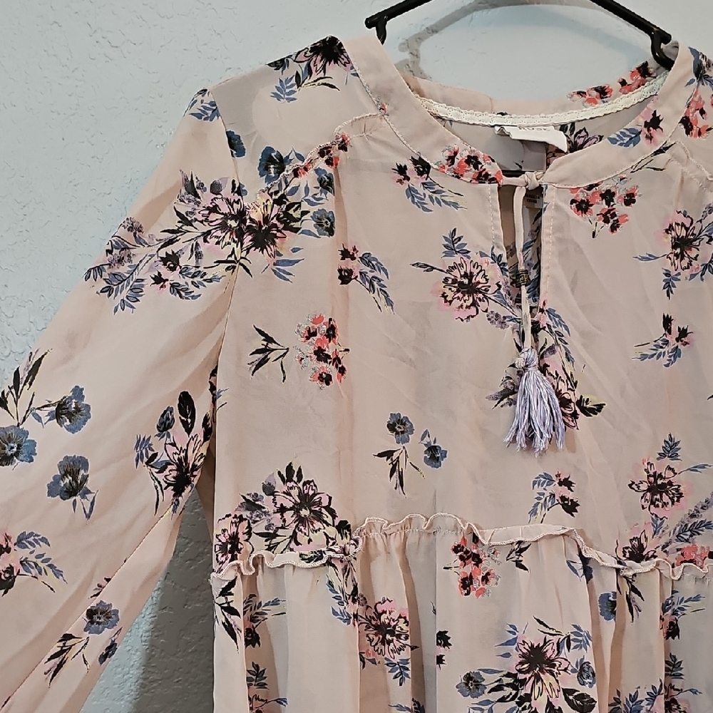 Knox Rose Blush Pink Floral Sheer Top with Ruffle Detail Womens Large - Picture 2 of 9